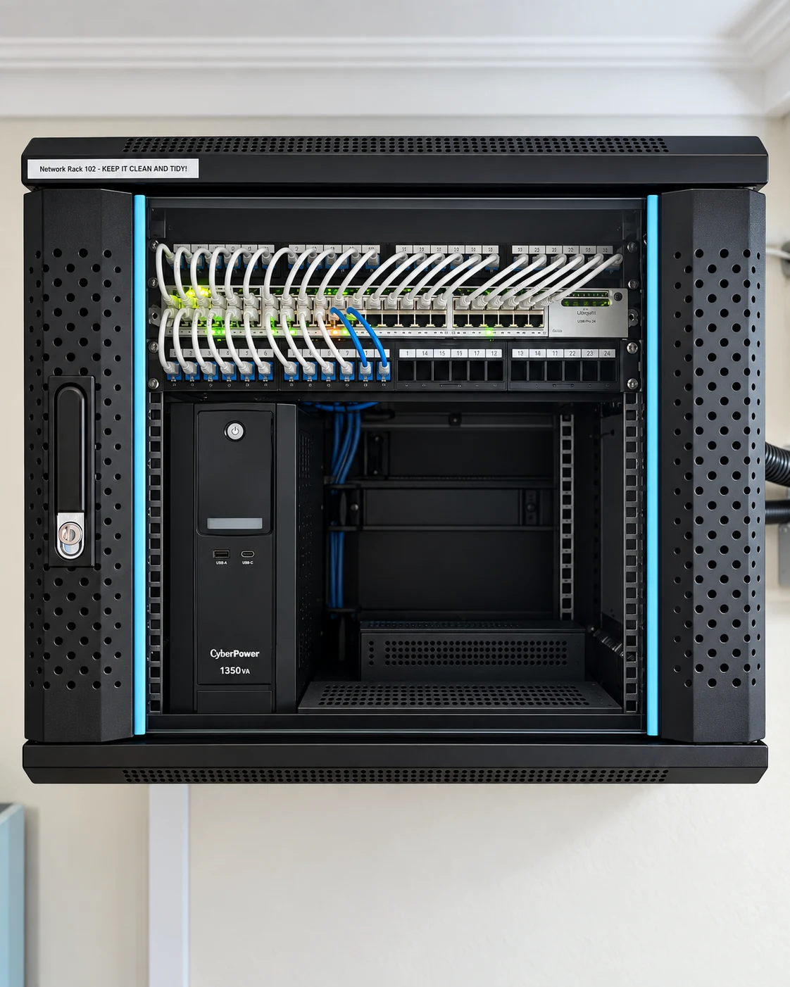 Rack mural del Ayuntamiento de Esperanza con patch panels, switching y respaldo eléctrico.