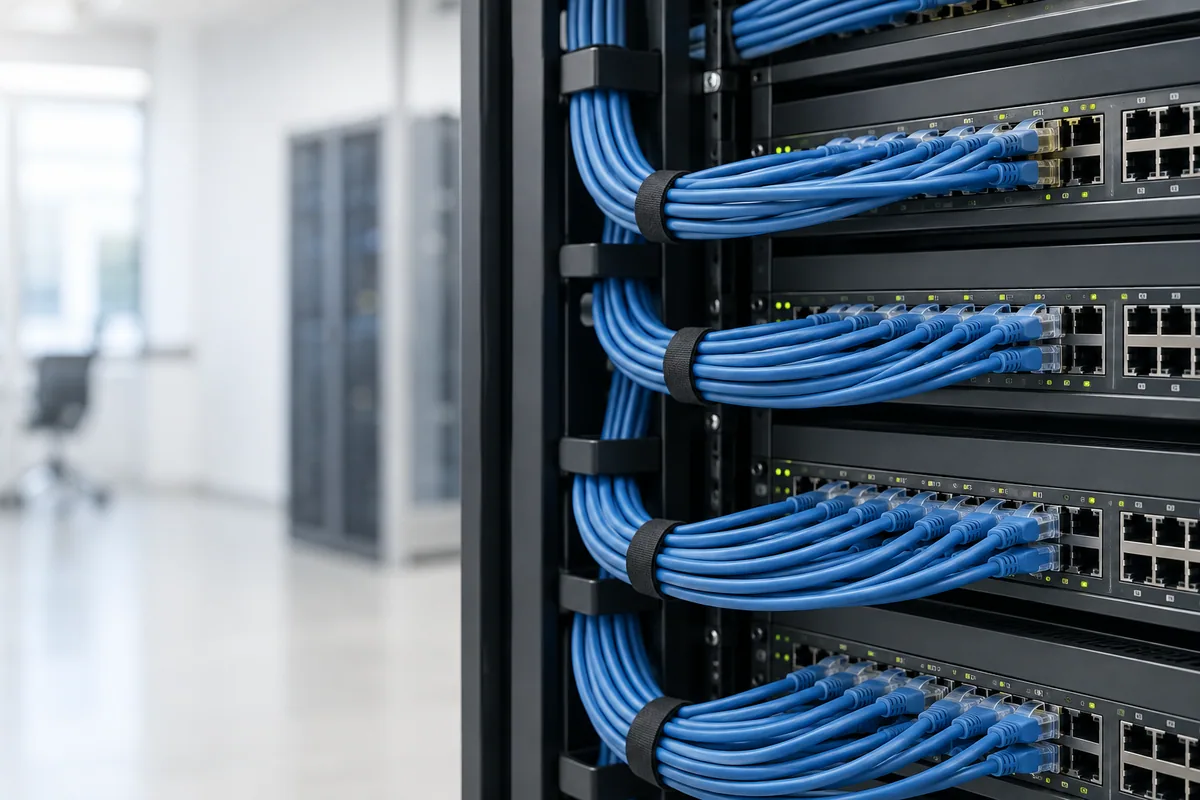 Escena ilustrativa de un rack empresarial con switches y cableado azul organizado.