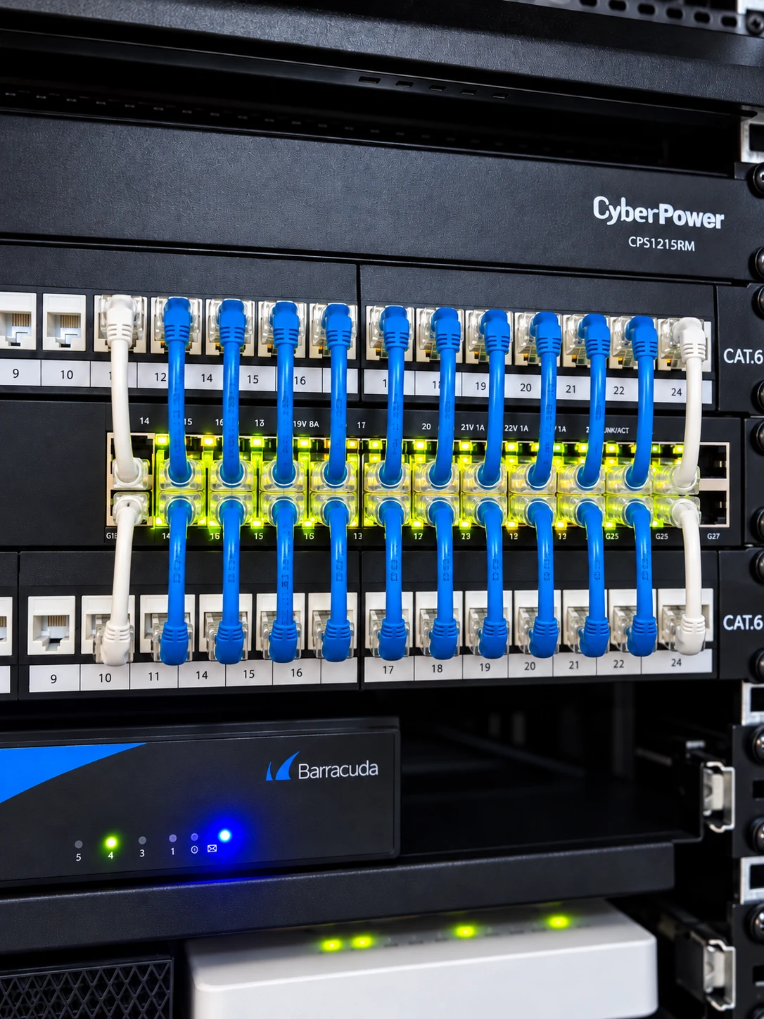 Detalle del patching y conexiones de datos y telefonía en el rack instalado.