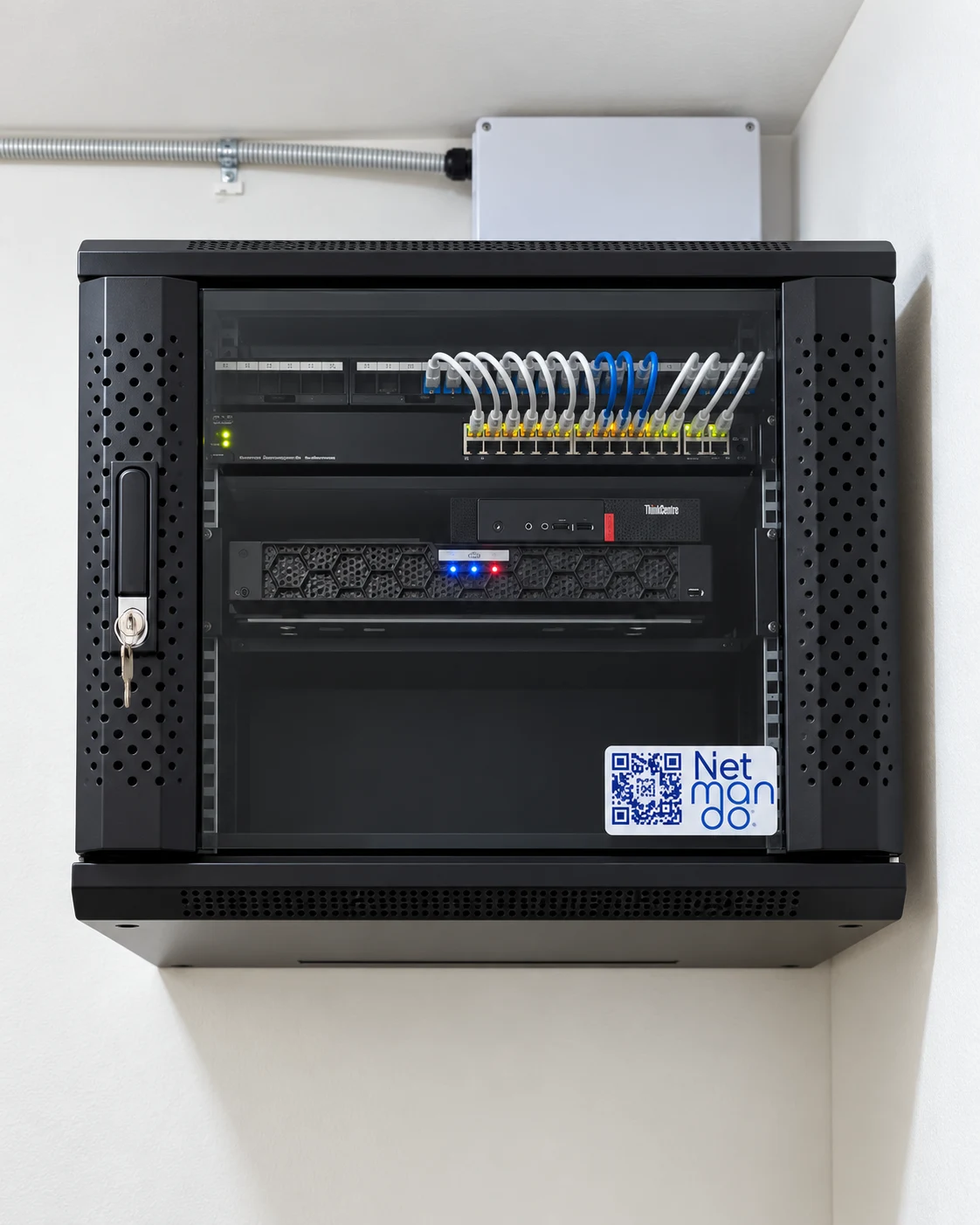 Rack mural de OraDel con patch panels, switching y equipos de infraestructura instalados.